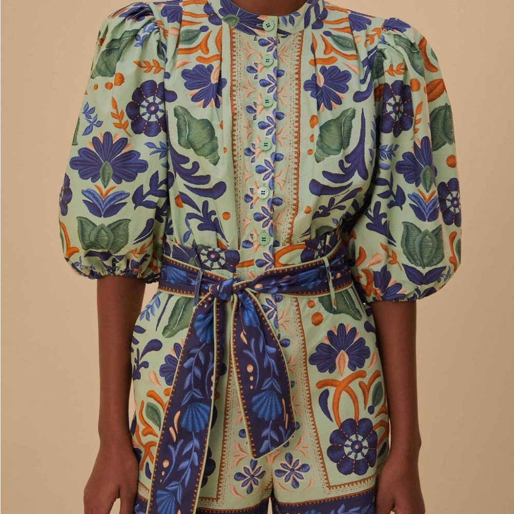 farm rio green ocean tapestry belted romper | size m